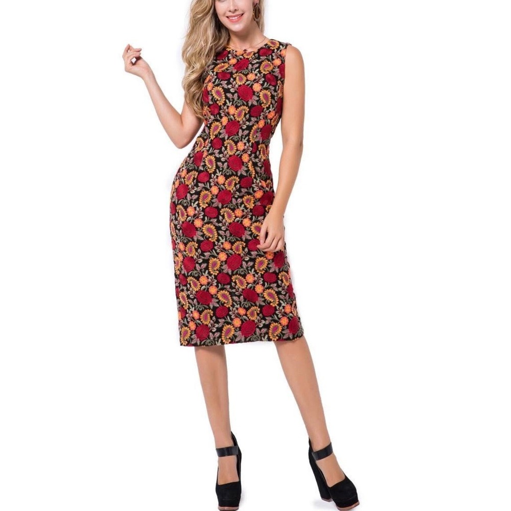 NWT‎ Venus Tulip Womens Multicolor Sheath Heavy Embroidered Floral Dress Sz 12